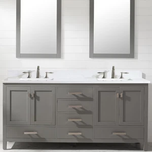 72" Design Element Valentino V01-72-GY Double Sink White Quartz Top Gray Vanity - Picture 1 of 16