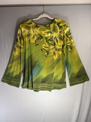 Bob Mackie новый зеленый/желтый лилии печати носимый искусства Топ sz M Bell рукава - Изображение 1 из 4