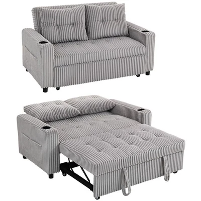 HOMCOM 2 Seater Sofa Bed, Click Clack Pull Out Bed Settee, Light Grey - Image 1 of 4