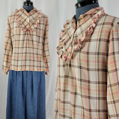 Top a Cuadros Vintage Tostado/Marrón/Rosa/Crema con Volantes Talla Mediana? Foto 1 de 4