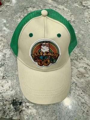 Keep Calm Embroidered Logo Trucker Hat Beige and Green Crazy Cat Lady Hat - Image 1 of 4