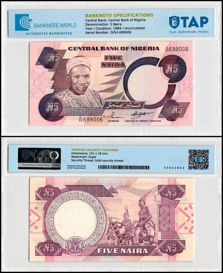 Nigeria 5 Naira, 1984-2002 ND, P-24f, UNC, Authenticated  - Image 1 of 1