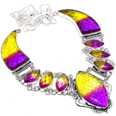 Carved Bi-Color Tourmaline Gemstone 925 Sterling Silver Necklace 18" e726 - Image 1 of 4