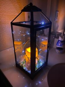 Black Wedding Lantern Centerpiece with LED/ batt operated candle, fake flowers.
