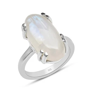 Natural Oval Rainbow Moonstone Solid 925 Sterling Silver Prong Set Ring For Her - Foto 1 di 5