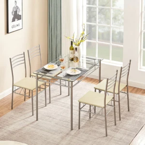 5-piece Dining Table Set Kitchen Room Home Furniture 4 Chairs Glass Metal Table - Picture 1 of 12