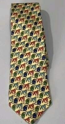 Lands End Repp Necktie Yellow Colorful Monkeys Novelty Print Silk Hand Made - Image 1 of 4