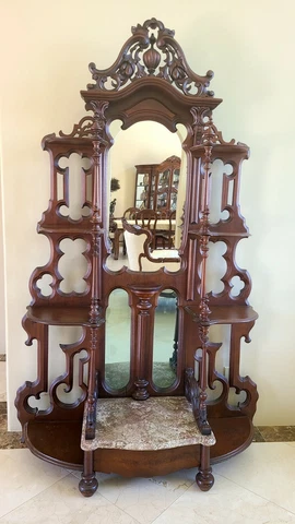 Antique Victorian Hall Tree with Drawer and Marble Shelf Base Cover