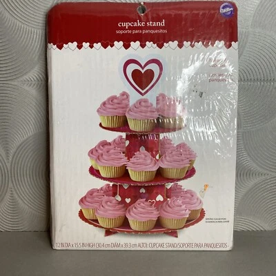 Wilton Valentine's Day 3 Tier Cardboard 24 Cupcake Stand Holder Red White Hearts - Image 1 of 4