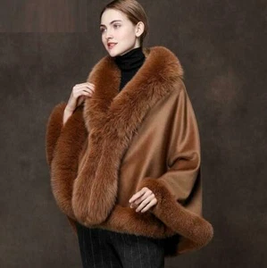 Poncho envolvente de cachemir con cuello de piel vestido de novia cóctel - Imagen 1 de 17