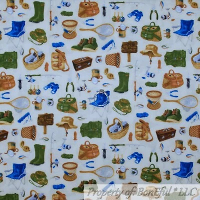 BonEful Fabric FQ Cotton Quilt Fish Gear Tackle Box Hat Fishing Net Boy Scout UK - Image 1 of 4