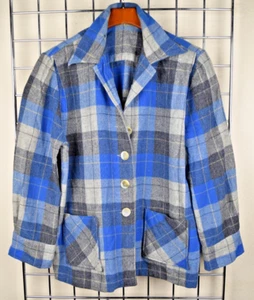 Vintage Plaid Wool Flannel Shirt Jacket Size S/M 40s 50s Blue Gray Shadow Plaid - Picture 1 of 10