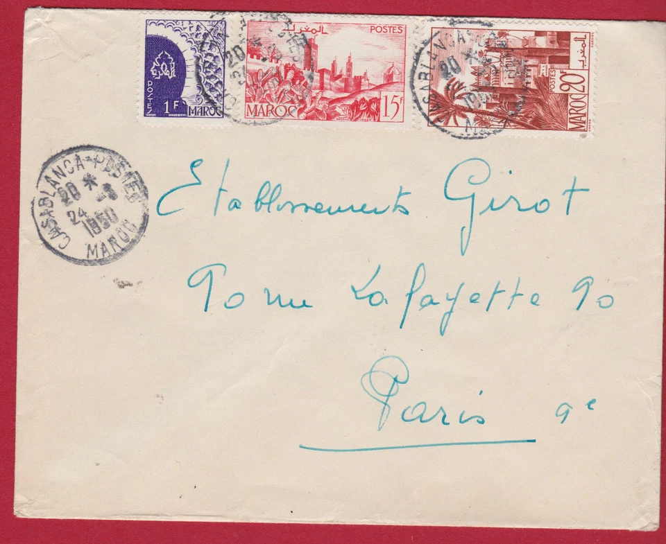 1950 Morocco Maroc Casablance Postal Cover to Paris France Back Flap Missing - Image 1 of 1