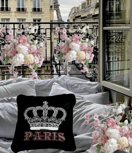 Cuscino Parigi retrò ricamato cucito francese Fleur De Lis Chateau de Maison - Foto 1 di 5