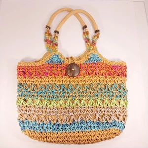 Cappelli Straworld mehrfarbig Regenbogen gewebt Handtasche Perlen Griffe Kokosnuss Knopf - Bild 1 von 15
