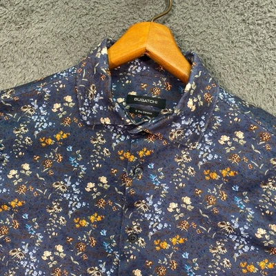 Bugatchi Shirt 8 Way Stretch Button Up Mens M Navy Floral Cotton Tropical - Image 1 of 4