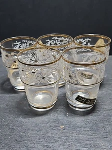 Set Of 5 Hand Blown Stackable Shot Glasses Daisies Gold Trimmed -Made In Belgium - Picture 1 of 4