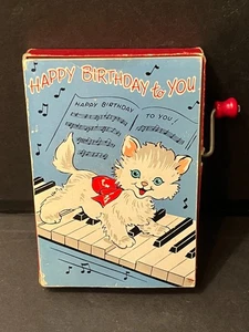 Tarjeta de gatito caja de música Barker "Feliz cumpleaños" Mattel 1950 vintage - funciona - Imagen 1 de 8