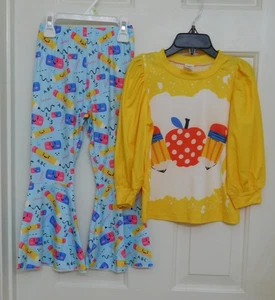 NEW 2pc Boutique Puff Sleeve Pencil Apple BTS Top & Print Pants Set sz 4 - Picture 1 of 1