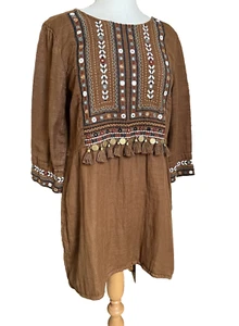 Mango Dress Size 12 / L Bohemian Boho Tasselled Embroidered Coins Short - Picture 1 of 24