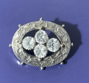 Antique Victorian 1891 Silver Oval Brooch With 4 Clear Jewels Birm Stainton Bros - Picture 1 of 7