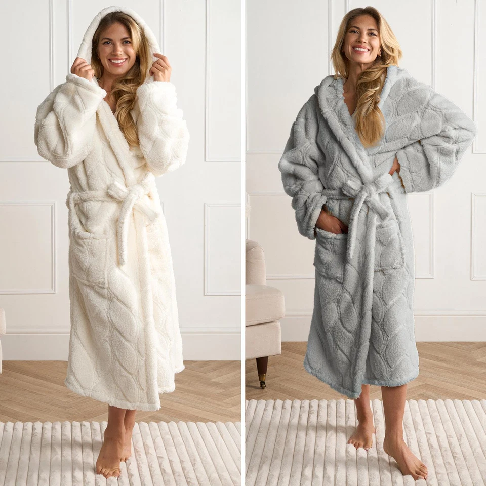 OHS Luxury Fleece Dressing Gown Robe Plush Womens Supersoft Hooded PJ Cosy Loungwear