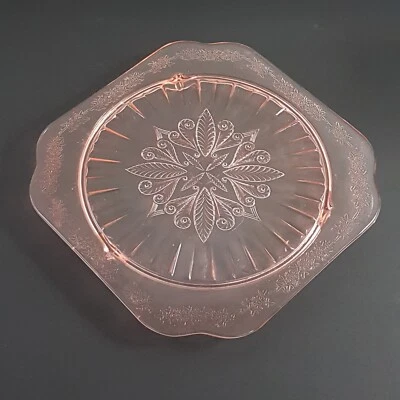 Jeannette ADAM Pink Depression Glass Footed Cake Plate Square Wedding Cake Stand - Image 1 of 4