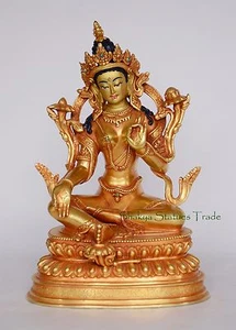 9.75" Tara Verde Tallada a Mano Cara Dorada Cobre Dorado Estatua Patan - Imagen 1 de 1