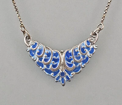 9901826 Collier In Argento 925 Con Ornamenti Blu Smaltati A Mano Vintage L42Cm - Immagine 1 di 3