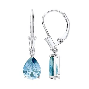 Sterling Silver 925 simulated Blue Topaz & Cz Teardrop Drop Dangle Hook Earrings - Picture 1 of 6