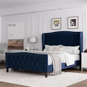 Queen Bed Frame Velvet Upholstered Platform Bed with Wing Side Headboard Wooden - Picture 1 of 16