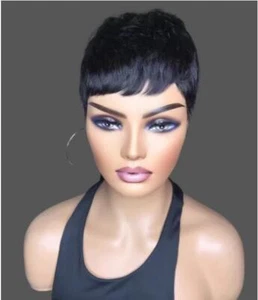 Corto Negro Corto Cabello Humano Sin Encaje Recto Corte Pixie Hecho a Máquina en EE. UU. - Imagen 1 de 14