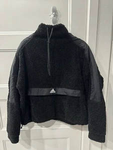 Adidas Turtleneck Pullover Center Logo Black Fuzzy Fleece Size L Kangaroo Pouch - Picture 1 of 8