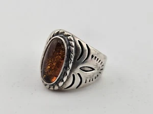 Sterling Silver 925  Southwestern Etched Amber Ring Size 6 Signed - Picture 1 of 6