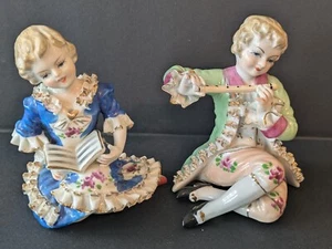 Mid-Century 50s JAPAN Porcelain BOY Playing Flute & GIRL Reading Book FIGURINES - Picture 1 of 12