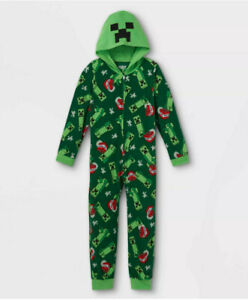 MINECRAFT Boys Hooded Union Suit One Piece Pajamas M L 8-14
