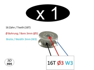 GT2 Umlaufzahnrad 16Zahn Führungsrolle Ø3mm Breite 3mm. Versand gleicher Tag HP1 - Bild 1 von 5
