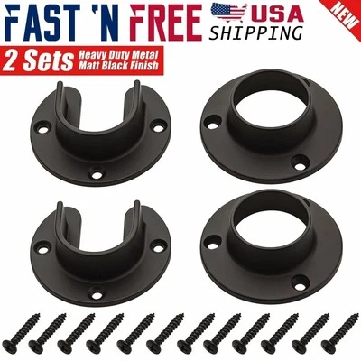 2 Sets Heavy Duty Stainless Steel Closet Pole Sockets Rod End Support Matt Black - Image 1 of 4