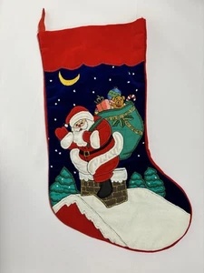 Christmas Stocking Velvet Embroidered Santa with Toys in Bag Rooftop  Vintage - Picture 1 of 9