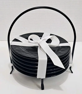 Signature Housewares Stoneware 6 Inch Dessert Plates With Stand Black - Picture 1 of 7
