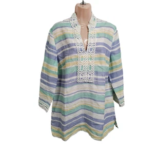 Túnica a rayas Charter Club para mujer talla L lino multicolor - Imagen 1 de 12