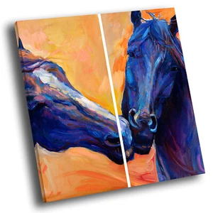 Quadratisches Tierfoto Leinwand Wandkunst Bilddrucke blau orange Pferd abstrakt - Bild 1 von 6