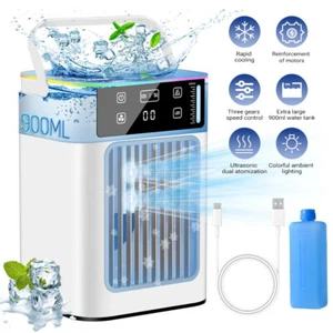 Portable Air Cooler Fan LED USB Air Conditioner 3 Speeds 900mL Tank Dual Mist US - Picture 1 of 13