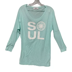 SoulCycle Soul Graphic Aqua Pale Blue 3/4 Sleeve Light Medium Cotton Imperfect - Picture 1 of 10