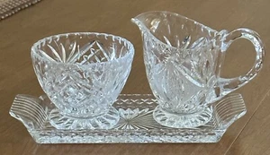 3-Piece Vintage Clear Heavy Cut Glass Creamer, Sugar Bowls + Tray Set•Heavy VGC - Picture 1 of 12