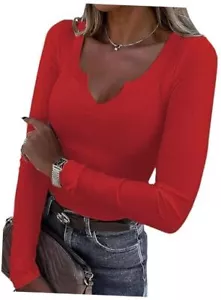 Women V Neck Ribbed Long Sleeve Shirt Fitted Basic Slim Knit Top Small Red - Picture 1 of 2