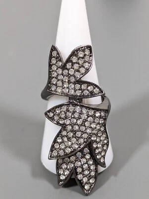 Anel de coquetel Gunmetal cinza strass folha larga tamanho 9 - Imagem 1 de 4