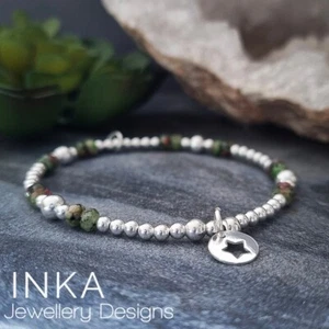 Inka 925 Sterling Silver & LIME Jade bead Stacking Bracelet with Star charm - Picture 1 of 7