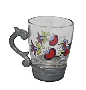 German Shot Glass Pewter Holder Handle Painted Flower Design Around Shot Glass - Picture 1 of 4