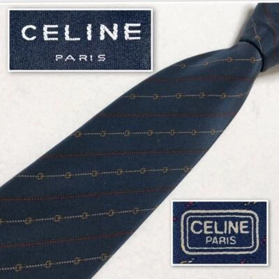 CELINE Authentic Men Tie Striped Stirrup Rope Pattern Necktie Silk Navy No Box - Image 1 of 4